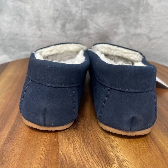 Lands' End Slippers Boys 3 Navy Suede Leather Faux Fur Lined Moccasin Youth Kids - Picture 6 of 13